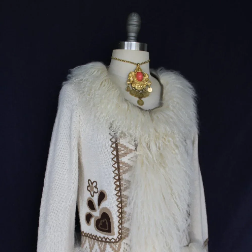 vintage Mongolian Curley lamb wool cardigan cowichan sweater jacket aplique M - Picture 5 of 12